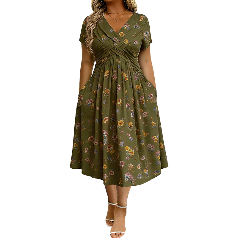🌺Women’s V-Neck Floral Print Dress – Twist Waist & Flattering Fit