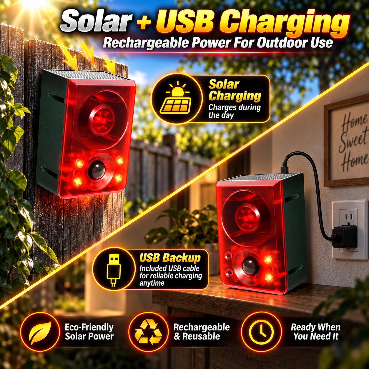 Solar and USB charging options for outdoor motion alarm