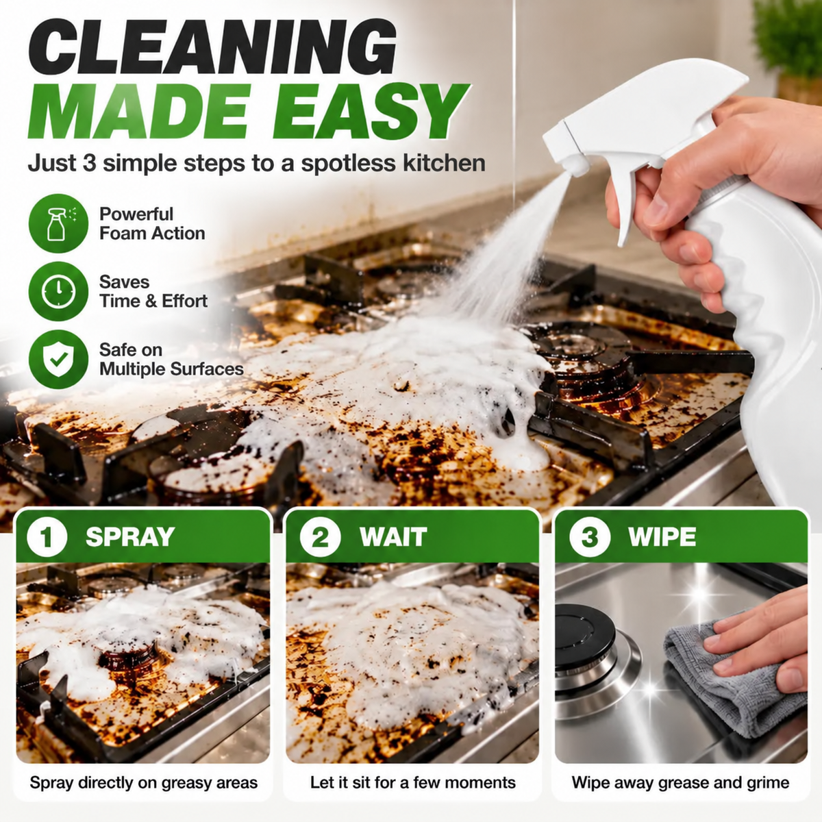 💥 Heavy Duty Kitchen Degreaser Spray – Powerful Grease Remover For Stove, Oven, Cabinets & Multiple Surfaces