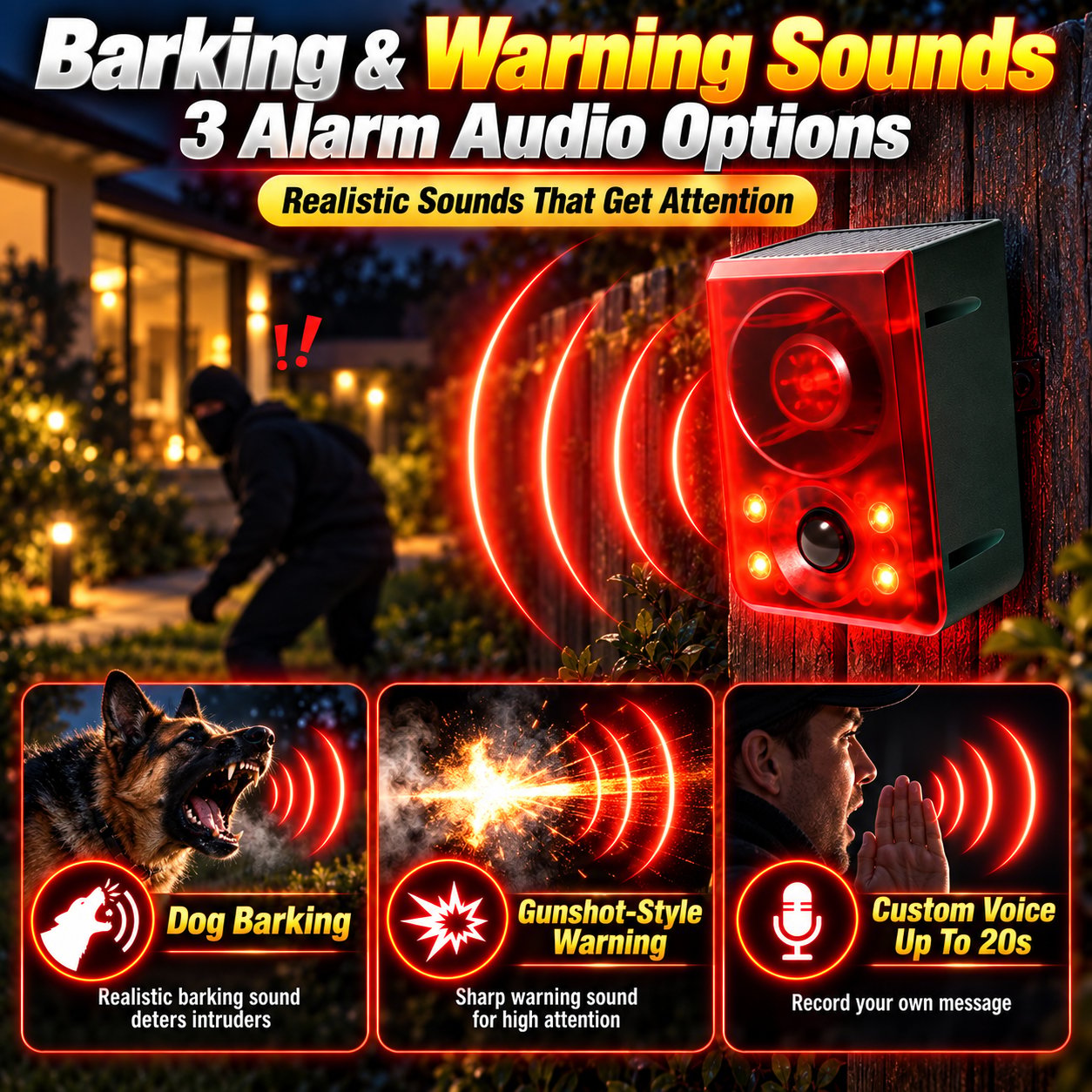 Barking gunshot-style and custom voice alarm sound options