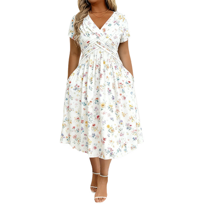 🌺Women’s V-Neck Floral Print Dress – Twist Waist & Flattering Fit
