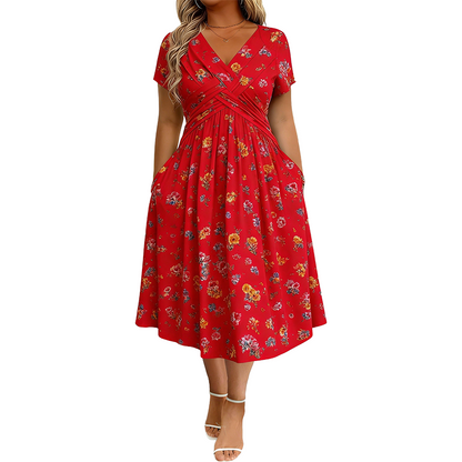 🌺Women’s V-Neck Floral Print Dress – Twist Waist & Flattering Fit
