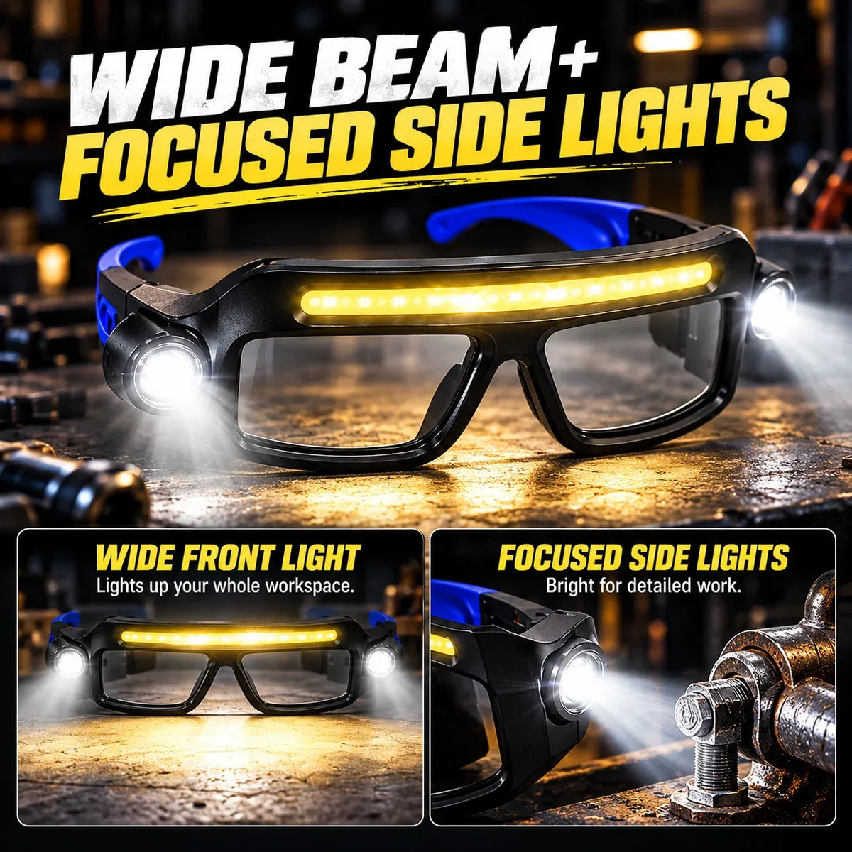 💡 Hands-Free LED Light Glasses | Wide Front Light + Focused Side Beams for DIY, Repairs, Fishing & Camping