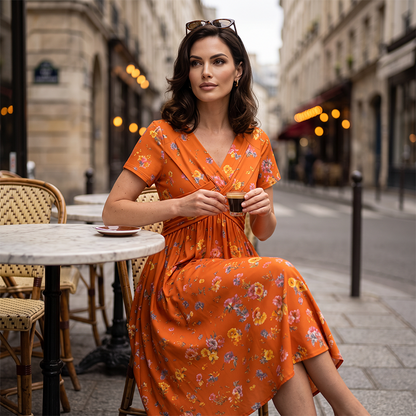 🌺Women’s V-Neck Floral Print Dress – Twist Waist & Flattering Fit