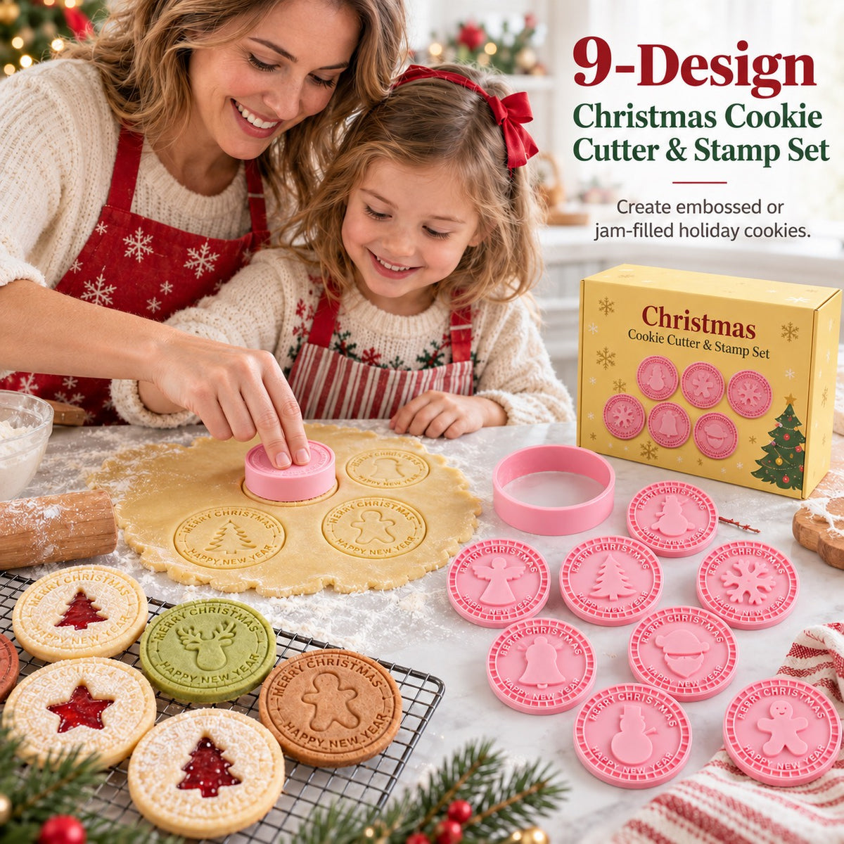 9-Design Christmas Cookie Cutter & Stamp Set – 6 cm Embossing Molds for Plain or Jam-Filled Holiday Cookies