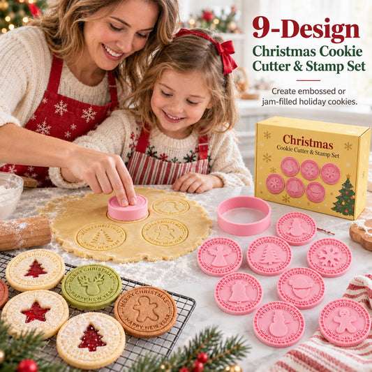 9-Design Christmas Cookie Cutter & Stamp Set – 6 cm Embossing Molds for Plain or Jam-Filled Holiday Cookies