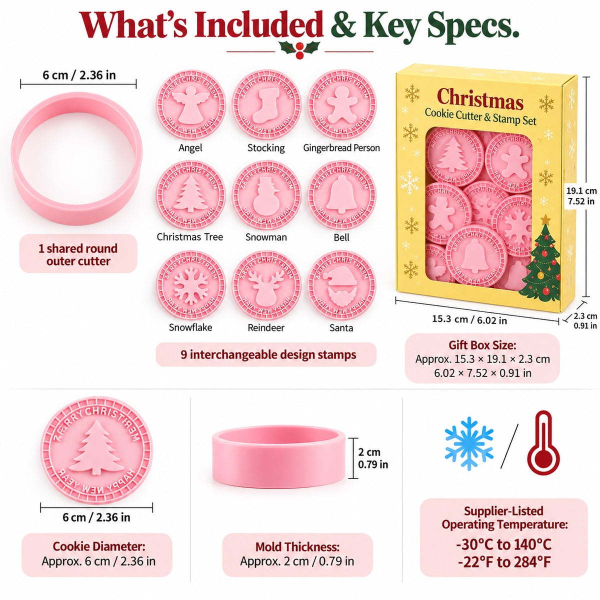 9-Design Christmas Cookie Cutter & Stamp Set – 6 cm Embossing Molds for Plain or Jam-Filled Holiday Cookies