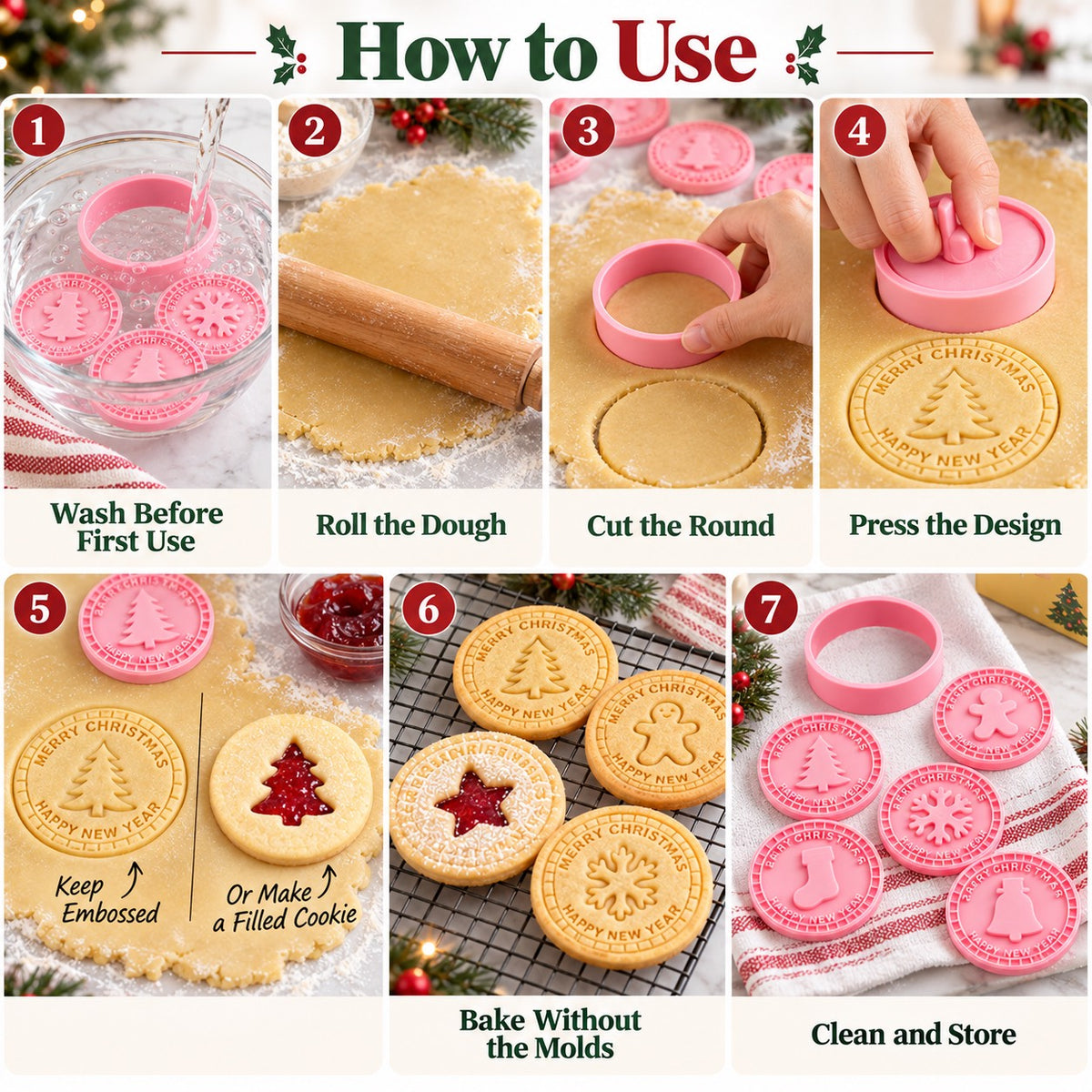 9-Design Christmas Cookie Cutter & Stamp Set – 6 cm Embossing Molds for Plain or Jam-Filled Holiday Cookies