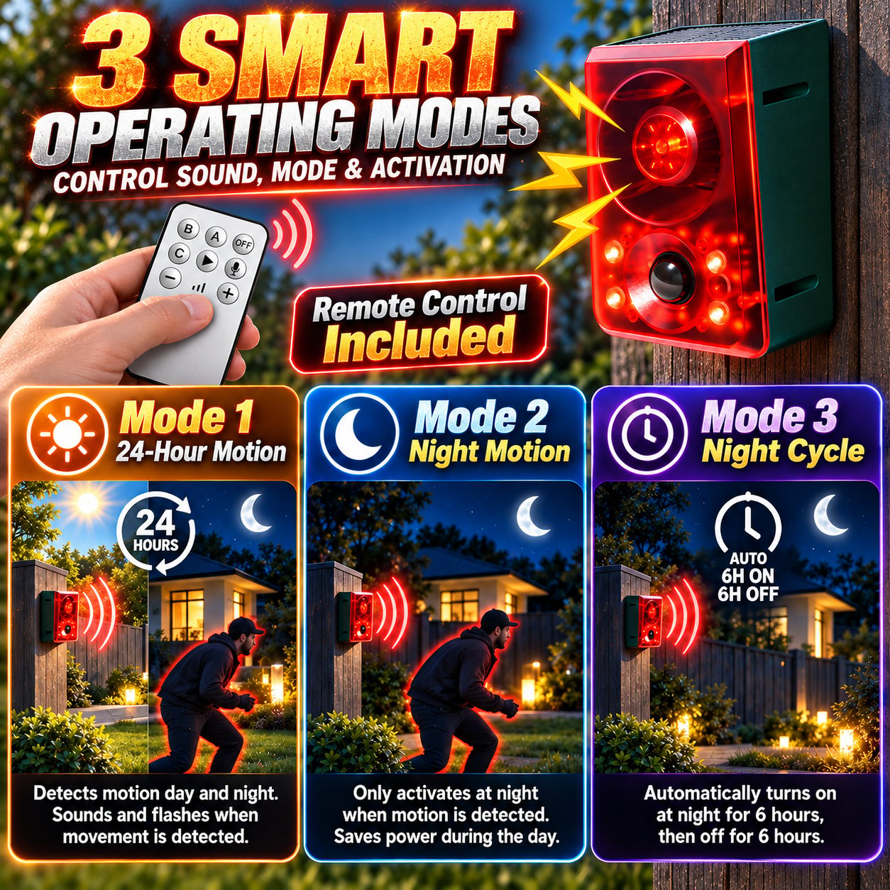 Three operating modes with included remote control