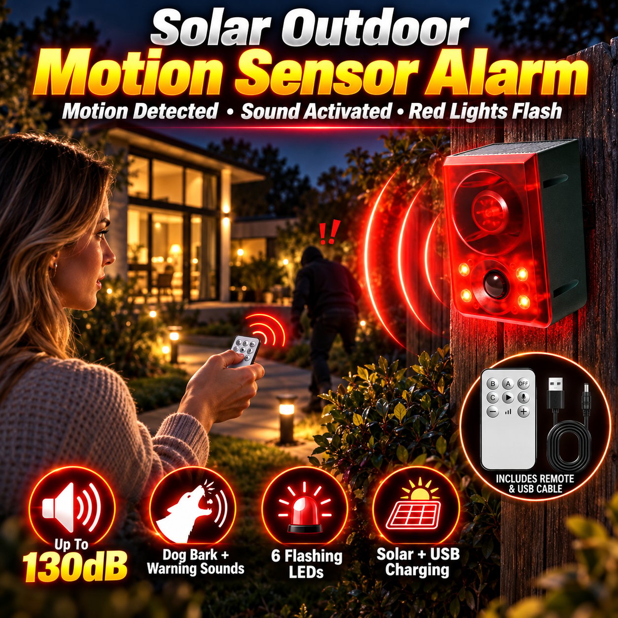 Solar outdoor motion sensor alarm with sound and red flashing lights