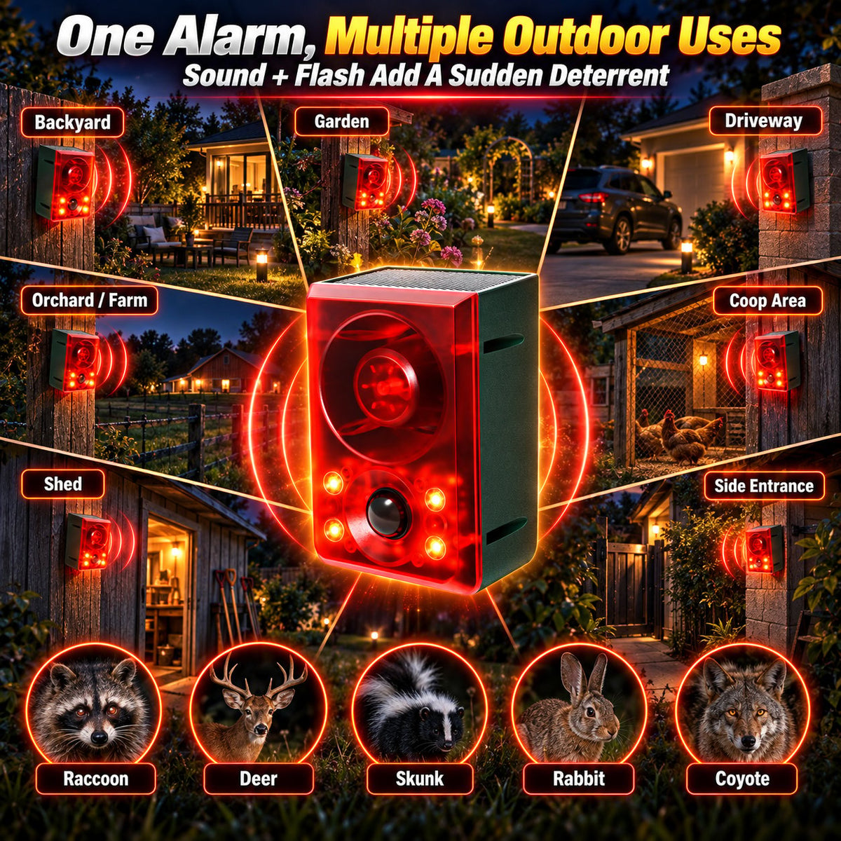 Solar Outdoor Motion Sensor Alarm - Dog Barking & Gunshot Sound, Support Recording and Volume Adjustment, 130dB Noise with Flashing Light to Deter Raccoon, Deer, Skunk, Bear, Coyote