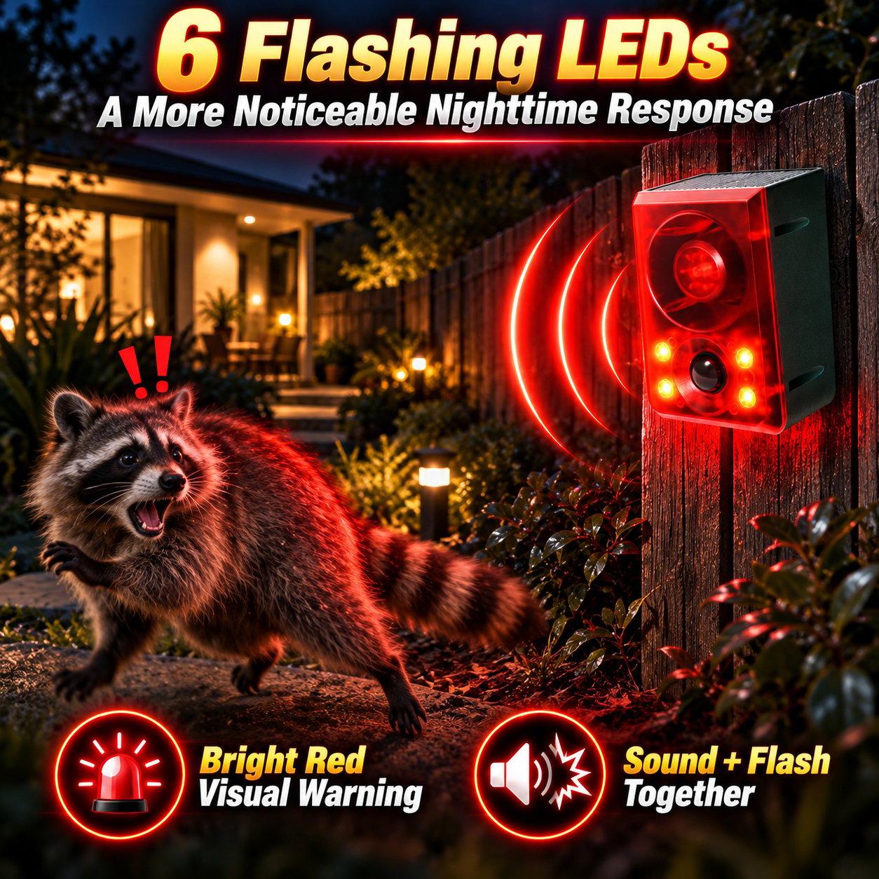 Six red flashing LEDs and audio warning for nighttime use
