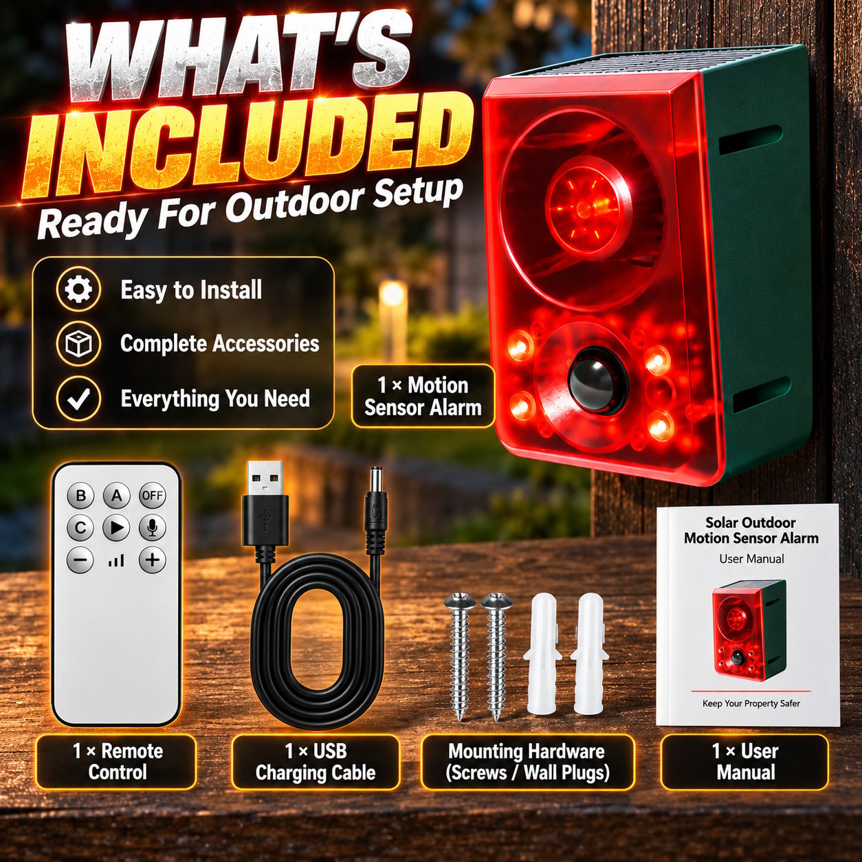 Outdoor motion sensor alarm package contents including remote cable mounting hardware and manual