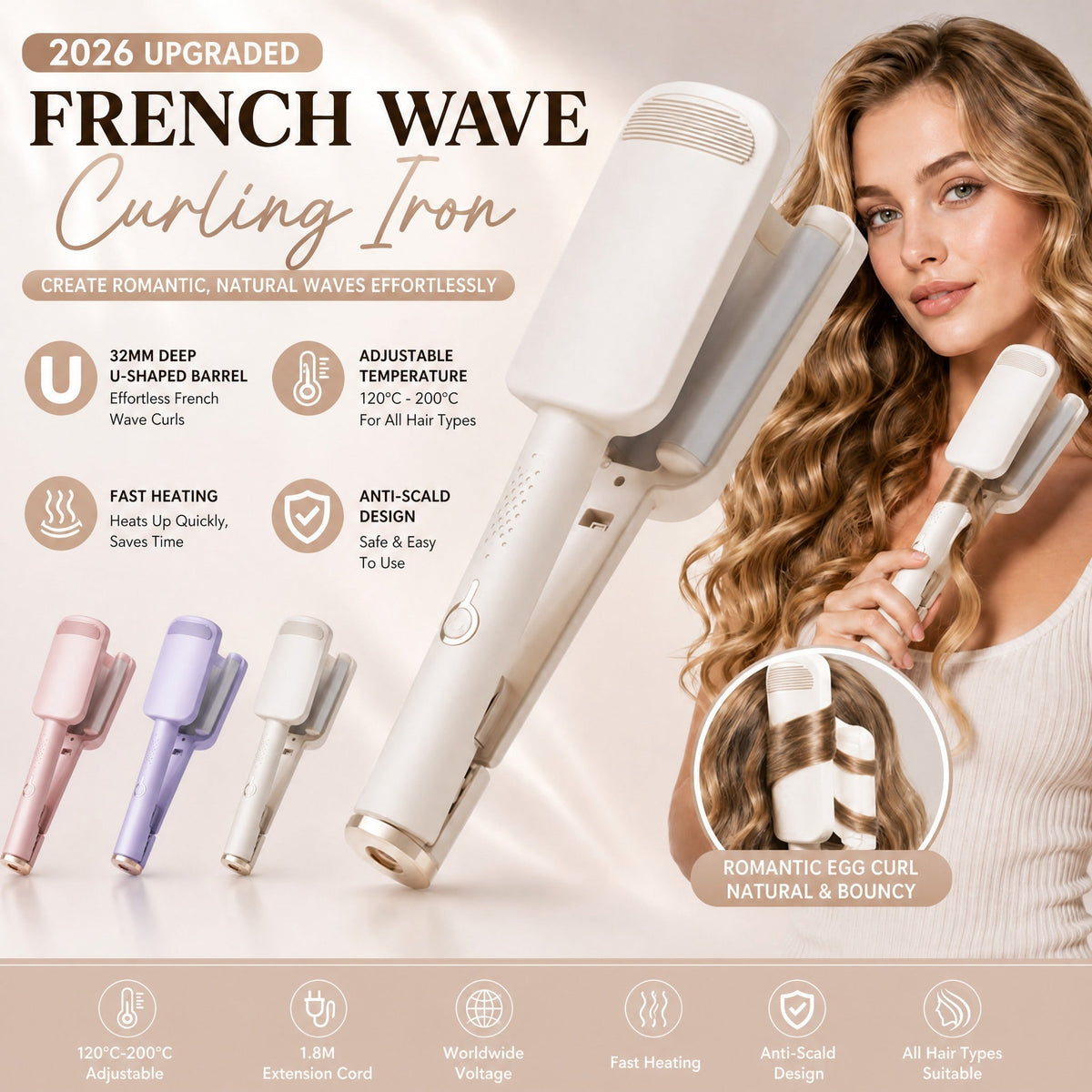 🔥 HOT SALE 50% OFF! ✨ 32MM Wavy Hair Curler – Big Bouncy Curls, 4 Adjustable Heat Settings & Negative Ion Care – Salon-Quality Styling at Home 💇‍♀️