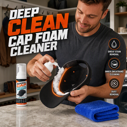 Applying baseball cap foam cleaner to the inside sweatband of a black cap.