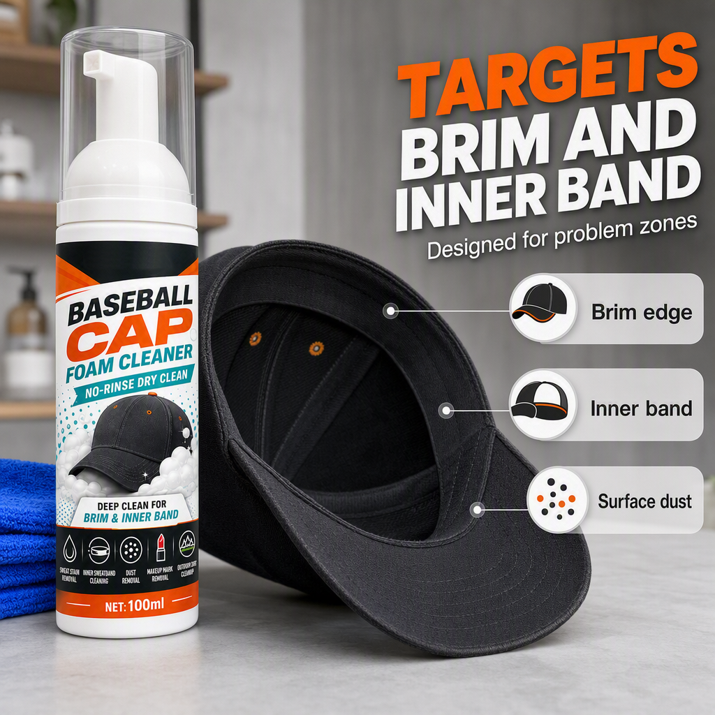 Baseball cap foam cleaner diagram showing the brim edge, inner sweatband and surface.