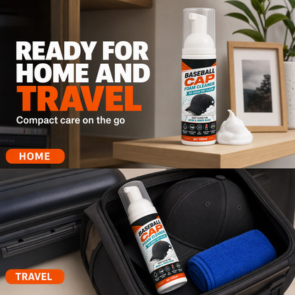 Baseball cap foam cleaner and microfiber cloth shown at home and packed in a suitcase.