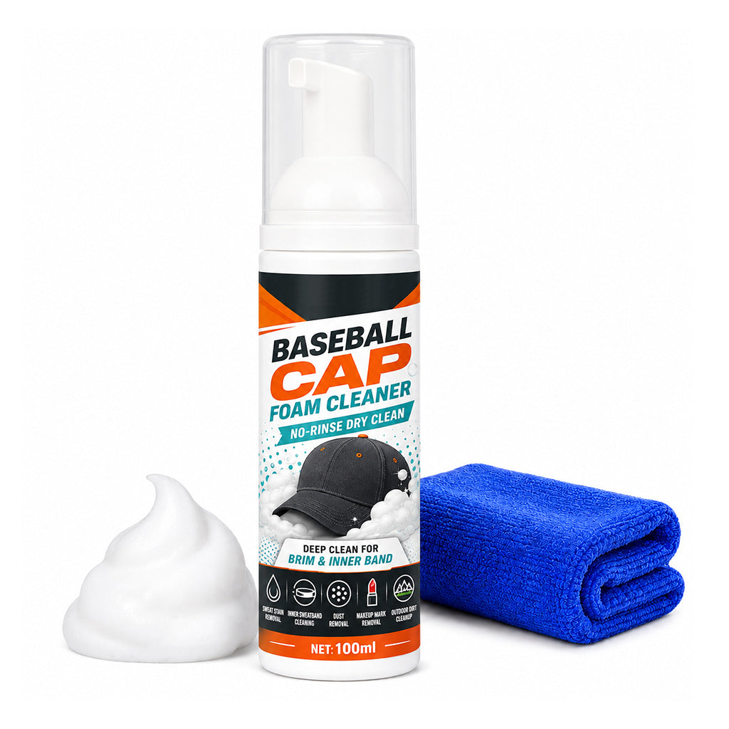 100 mL baseball cap foam cleaner bottle with foam and blue microfiber cloth on a white background.